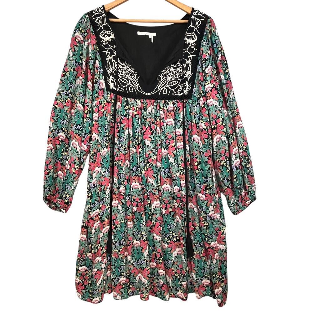 Floreat Anthropologie Boho Floral Embroidered Tunic‎ Dress V-Neck Size M